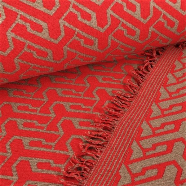 Jacquard Strick Doubleface mit Fransen - Grafisches Muster Rot/Sand
