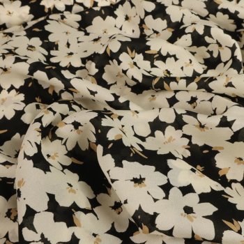 Viskose Chiffon - Blumen in weiß auf schwarz -...