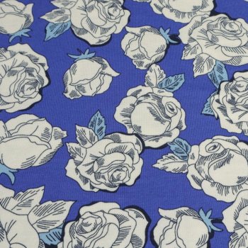 Viskosejersey - wei&szlig;e Rosen auf Kornblumenblau (1 St&uuml;ck = 3  Meter)