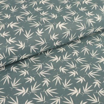 Baumwoll-Popeline - Bambusblatt weiß auf graublau