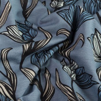 Viskosejersey - Tulpen auf jeansblau
