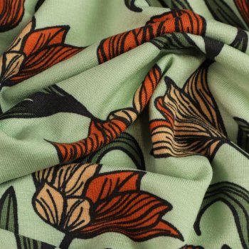 Viskosejersey - Blumen in grün und orange auf mint...