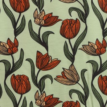 Viskosejersey - Blumen in gr&uuml;n und orange auf mint  (1 St&uuml;ck = 2,5 Meter)