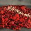 Polyester-Krepp Blumen rot auf dunklem Navy (St&uuml;ck = 2,5 Meter ) *Made in Italy*