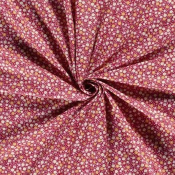 Baumwoll-Webware - Streublumen - gelborange/rosa auf weinrot