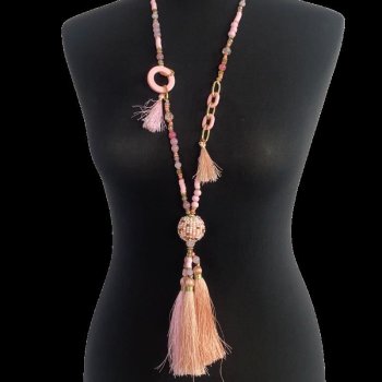 Halskette im Boho-Style - rosa/weiß mit Quasten