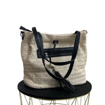 Trendige Bast-Handtasche mit Lederapplikationen in Schwarz