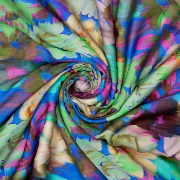 Viskose-Webware mit samtweichem Finish - blurred flowers - blau/hellgr&uuml;n/zartgelb/pink