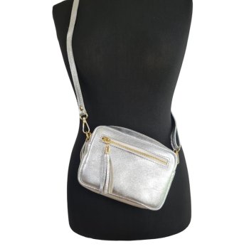 Echt-Leder Handtasche - Kleinformat - Silber glänzend