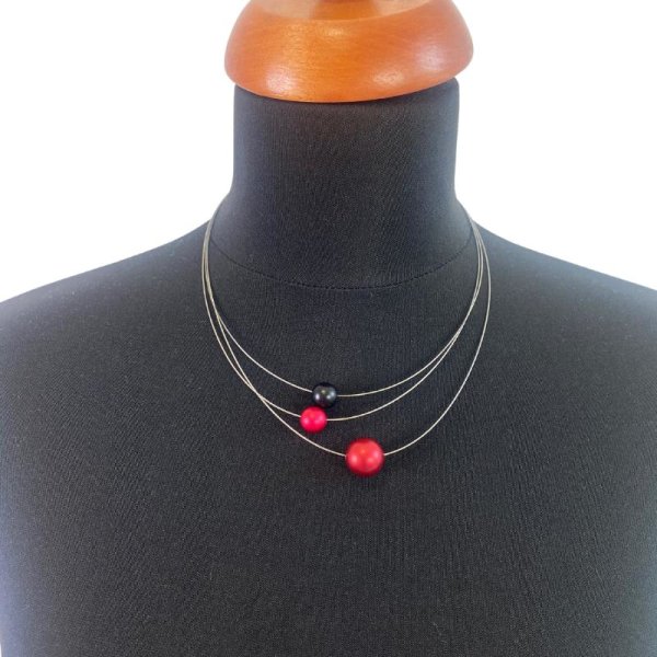 Halskette - Dreiteiliger Edelstahlreif mit Perlen aus eloxiertem Aluminium - Beere/Pink/Schwarz