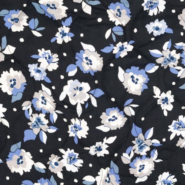 Viskose-Steppstoff - Flowers - blau/schwarz