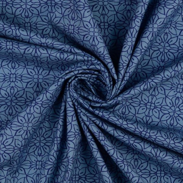 Baumwoll-Webware - Digital Blumendruck - blau auf dunklem rauchblau