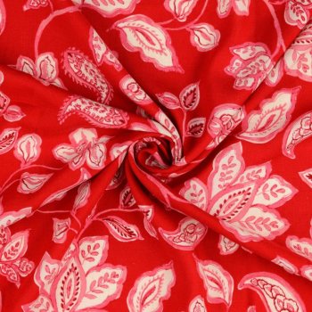 Viskose Leinen Druck - Flowers Paisley - weiß/ rot