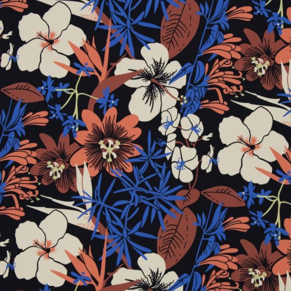 Baumwoll-Elasthan - Bloom by K&auml;selotti - Blumen in Marsala/Blau/Ecru auf Schwarz