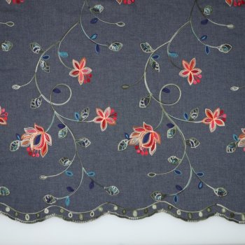 Leichter Blusen- Jeansstoff - Flower Embroidery - Indigo