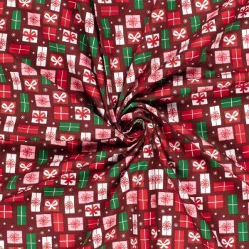 Baumwoll-Webware - Weihnachtsstoff - Geschenke auf weinrot